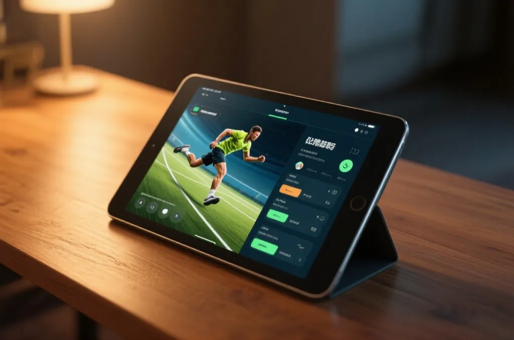 A modern tablet displaying a dynamic sports interface on a wooden table, warm ambient lighting, highly professional, 3d render style